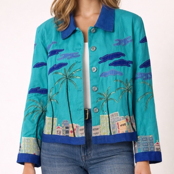 Vintage Jackets & Blazers - Vintage Patchington Palm Tree Blazer Womens Small Cityscape Jacket Y2K Cotton